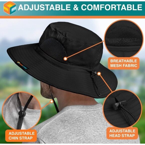 Black SUN CUBE Wide Brim Sun Hat Men Women Fishing Hats UV Protection UPF 50+ - Picture 6 of 7